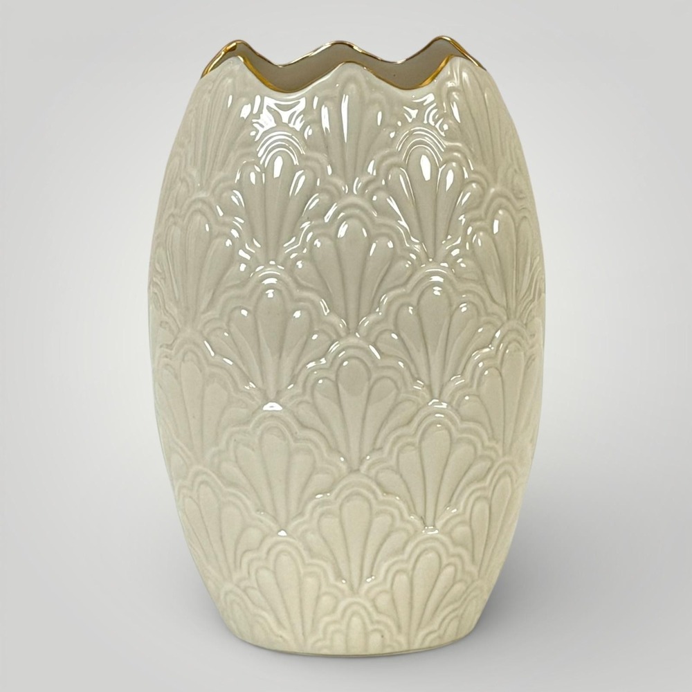 Lenox Jacquard Porcelain‎ Flower Vase 6.5" Gold Rim Art Deco USA